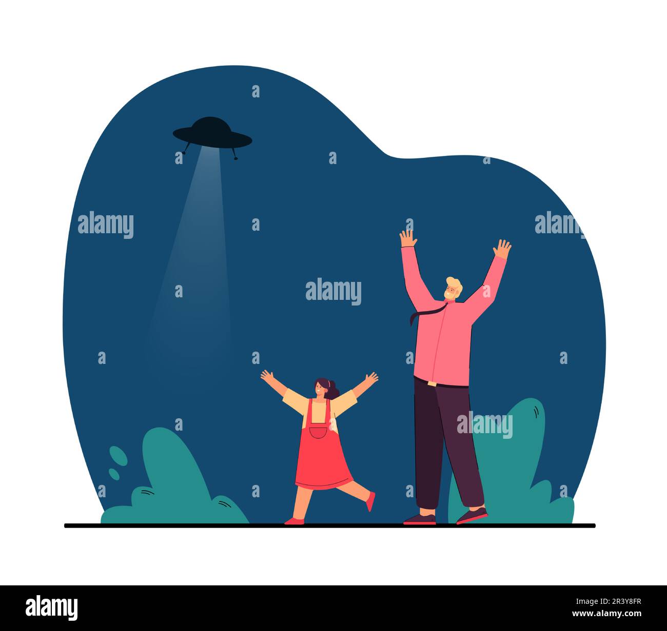 Girl and man rejoicing while seeing flying saucer Stock Vector