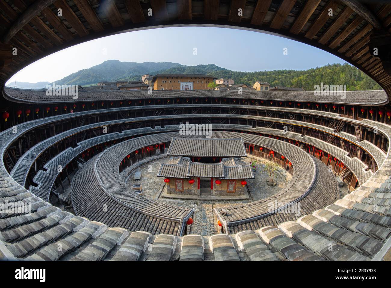 The interior of  Fujian earthen buildings (also known as Hakka tulou). These buildings are in Chuxi village. Stock Photo