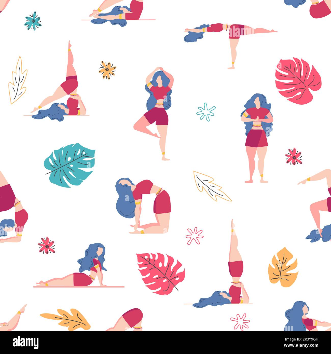 Yoga seamless pattern woman is engaged. Yoga poses, lotus, monstera ...