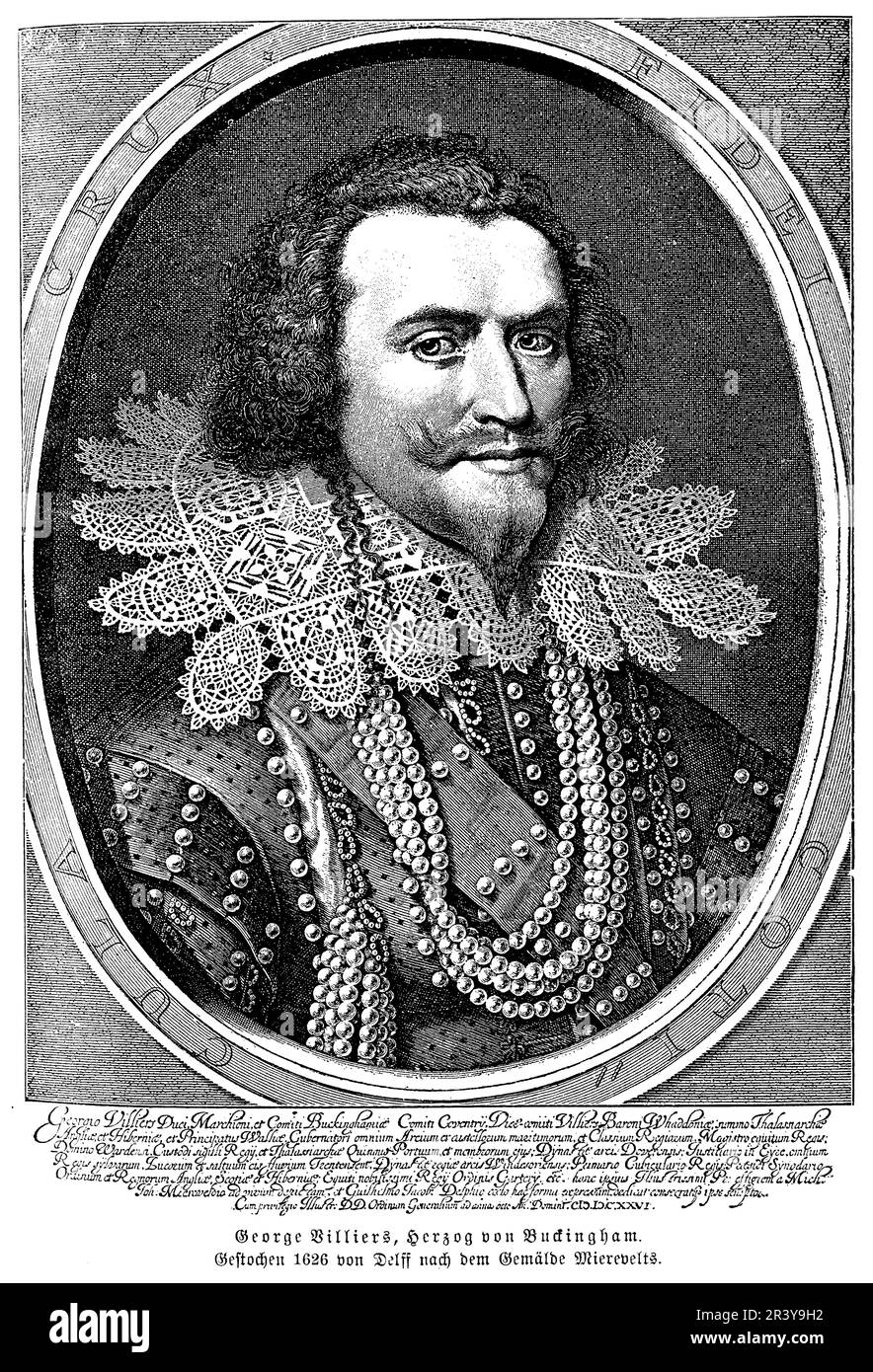 George Villiers, also known as the Duke of Buckingham, was a 17th-century English statesman and courtier who rose to prominence as a favorite of King James I and King Charles I. He played a significant role in English politics and foreign policy, including a failed attempt to form an Anglo-French alliance. He is also known for his controversial private life and his involvement in a number of political scandals. His assassination in 1628 marked the end of his political career. Stock Photo