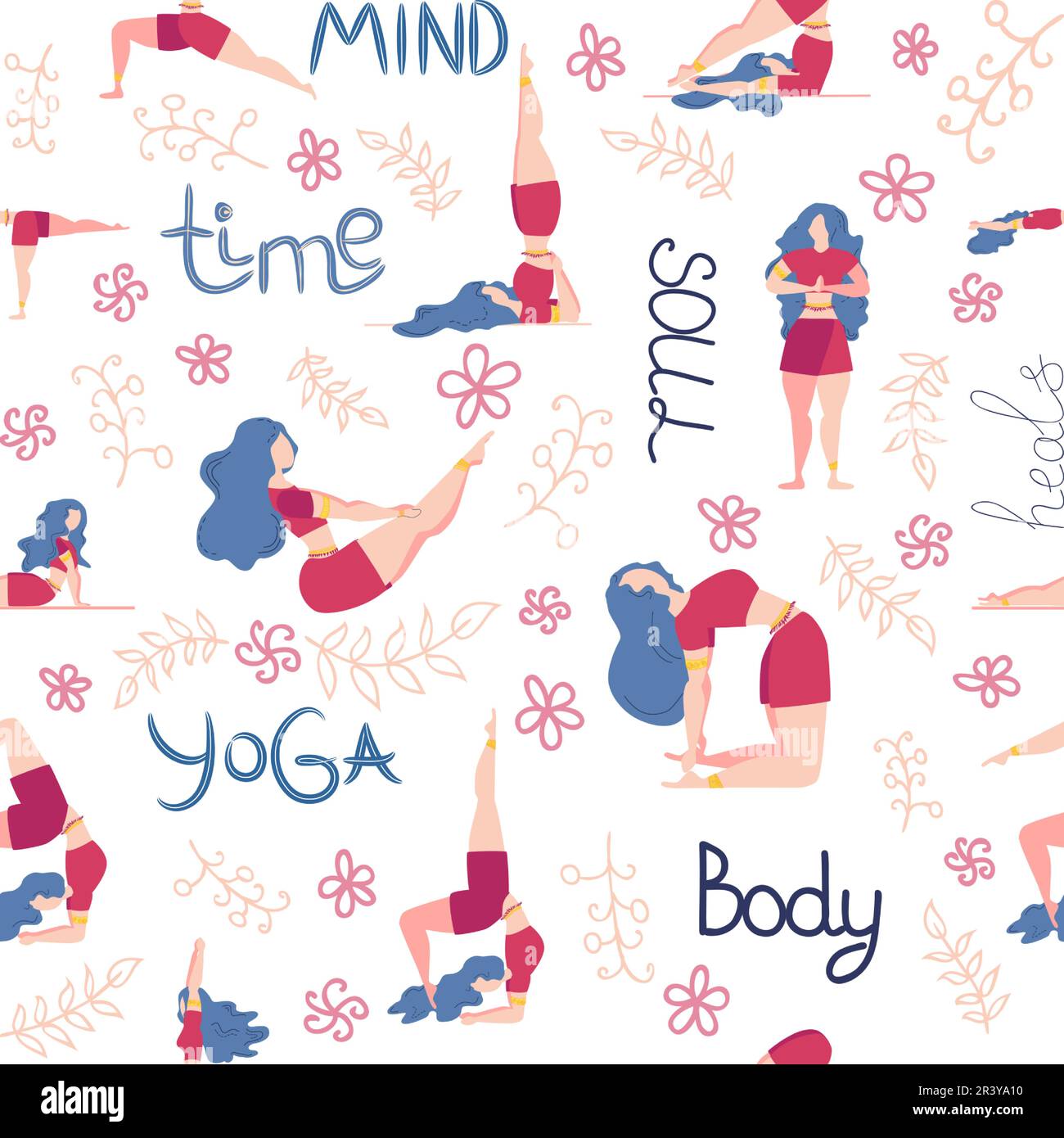 Yoga seamless pattern woman is engaged. Yoga poses, lotus, monstera ...
