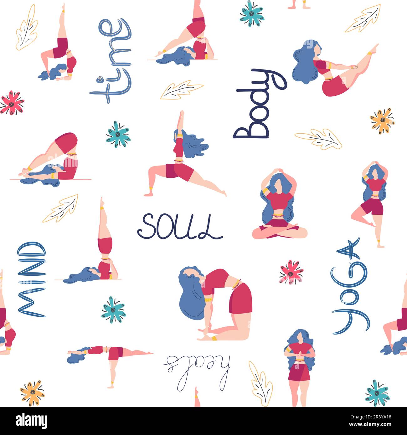 Yoga seamless pattern woman is engaged. Yoga poses, lotus, monstera ...