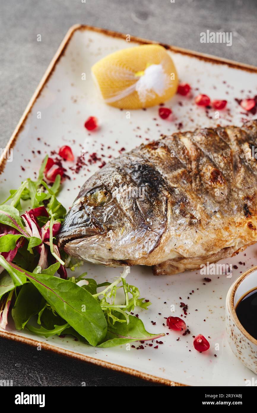 grilled-dorado-fish-with-green-salad-on-platter-on-gray-background