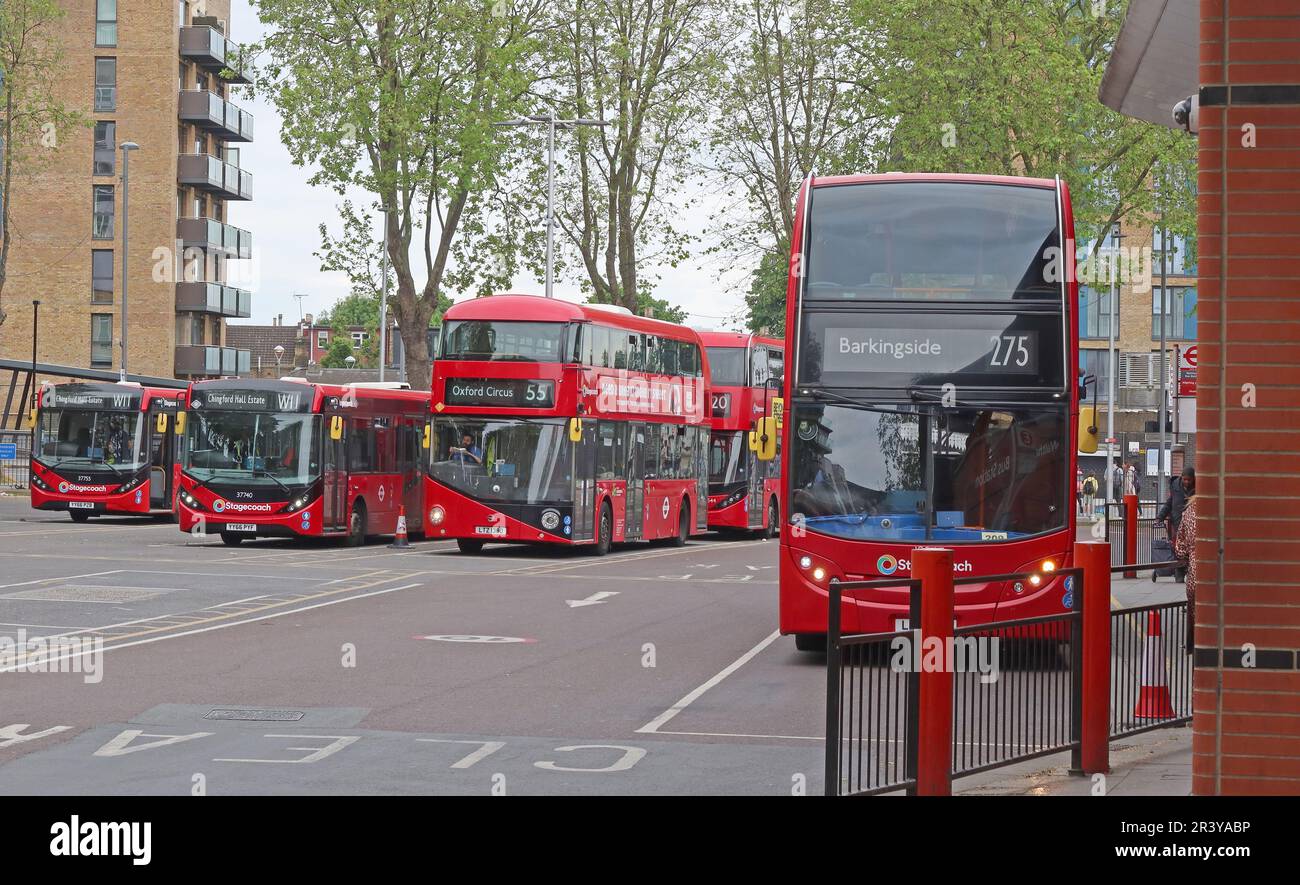 Walthamstow bus services, red routemasters and Borisbus, at Selborne Road, Walthamstow, London, England, UK,  E17 7LP Stock Photo