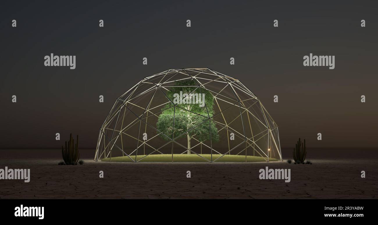 Tree under a glass dome in desert area - 3D Illustration Stock Photo ...