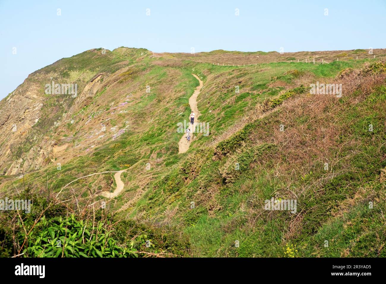 Welsh Coast Path coastal landscape people family mother kids children walking Marloes Pembrokeshire West Wales UK   KATHY DEWITT Stock Photo