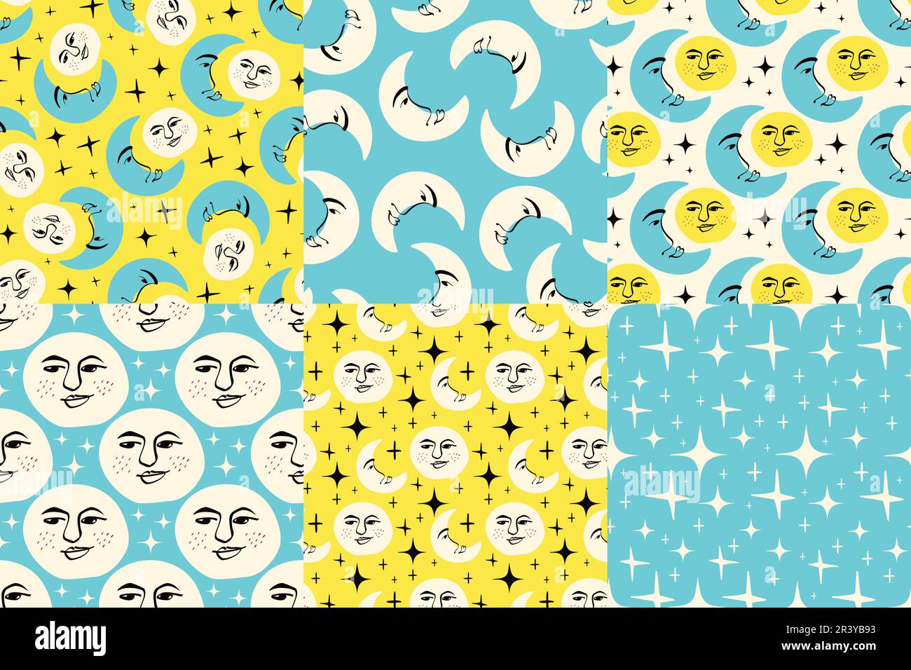 Sun and moon seamless patterns set. Modern Childish pattern with astrological symbols of sun and moon Stock Vector