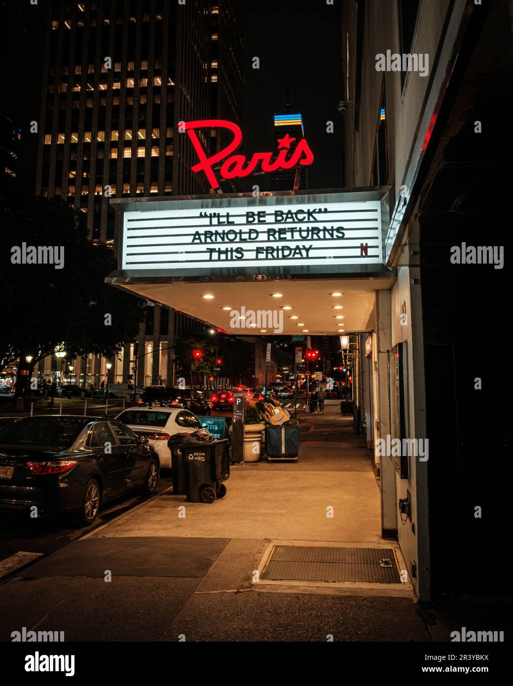 The Paris Theater vintage sign at night, Manhattan, New York Stock Photo