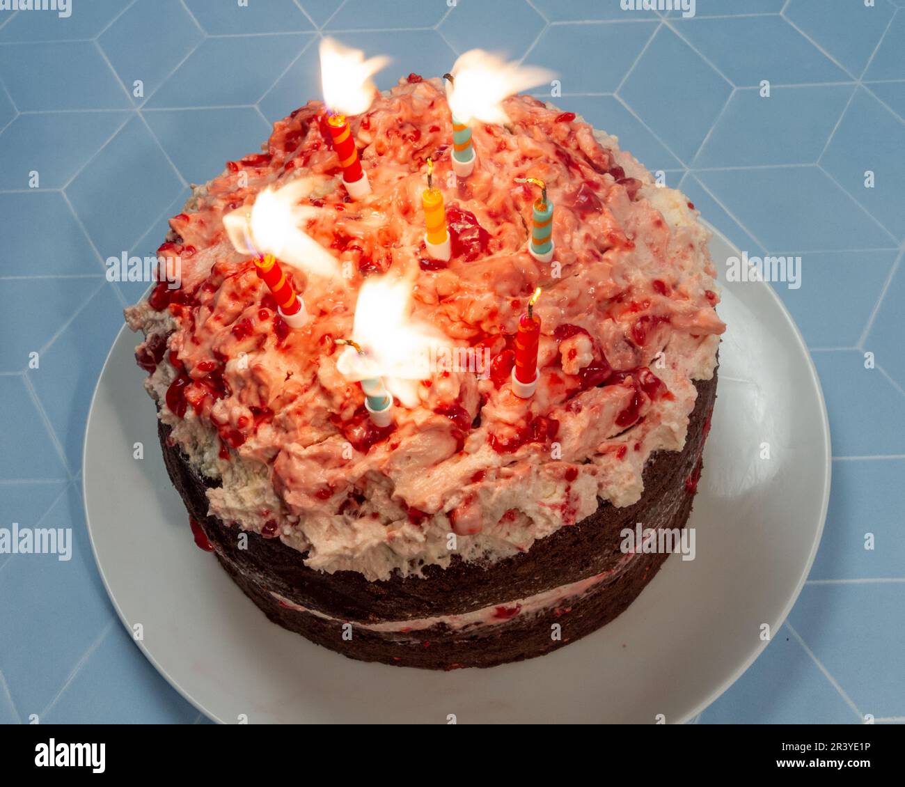 Chocolate & raspberry birthday layer cake with candles being blown out