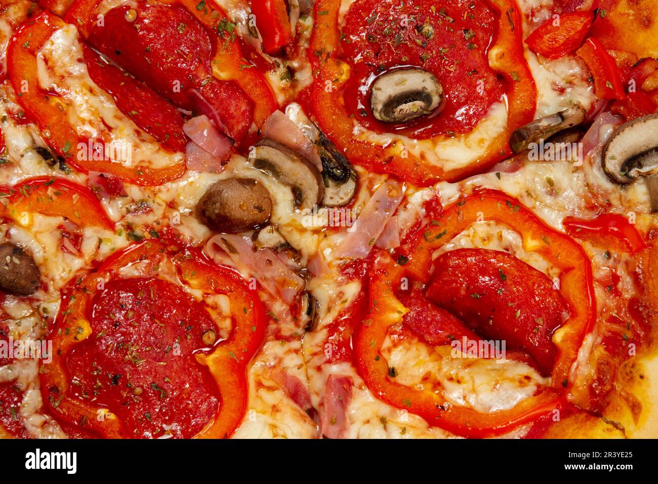 pepper & pepperoni pizza, close up detail Stock Photo