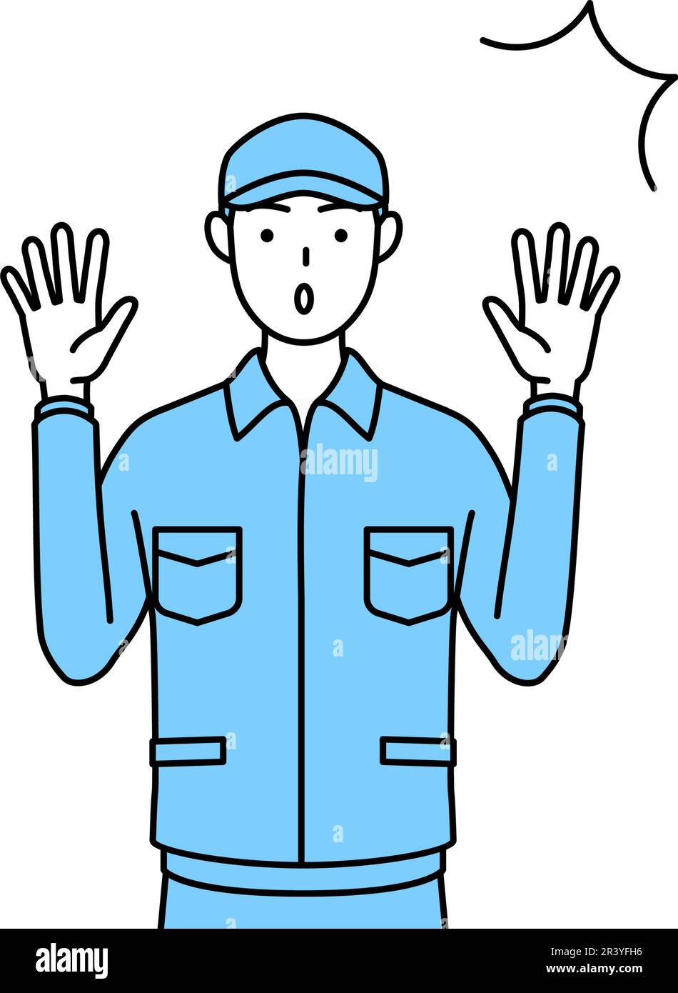Man in hat and work clothes raising his hand in surprise, Vector