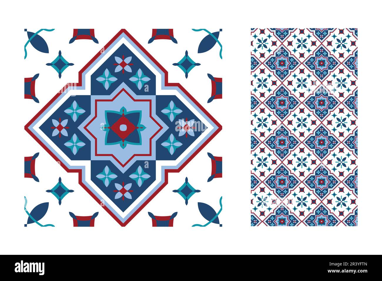 Islamic tiles background textures. Decorative colored ceramic tile. Colorful design. Set of seamless vector patterns. Stock Vector