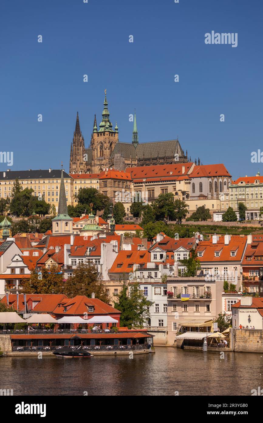 PRAGUE, CZECH REPUBLIC, EUROPE - Prague skyline with Prague Castle and St. Vitus Cathedral and Castle District, Hradcany, on RIver Vltava. Stock Photo