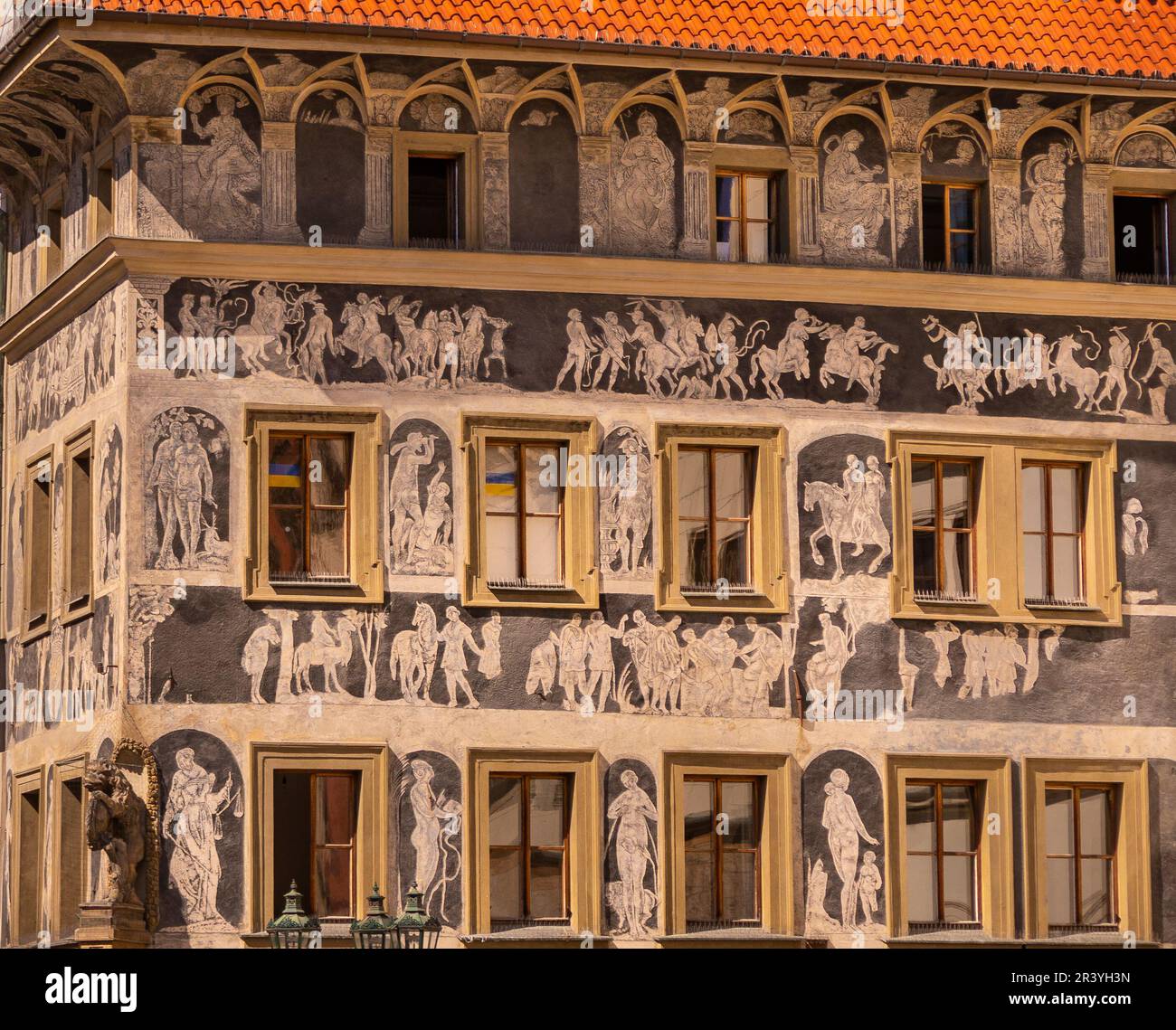 PRAGUE, CZECH REPUBLIC, EUROPE - Exterior of the House of the Minute, at Old Town Square. Dum U Minuty, Detail of sgraffito technique on facade. Stock Photo