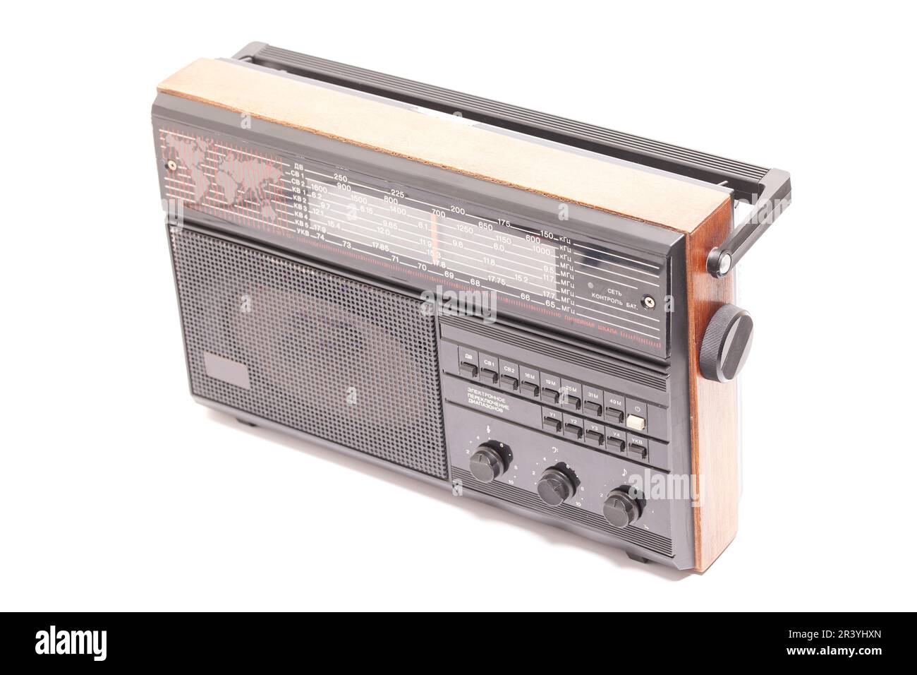 Old transistor radio isolated on white. English translation: electronic ...