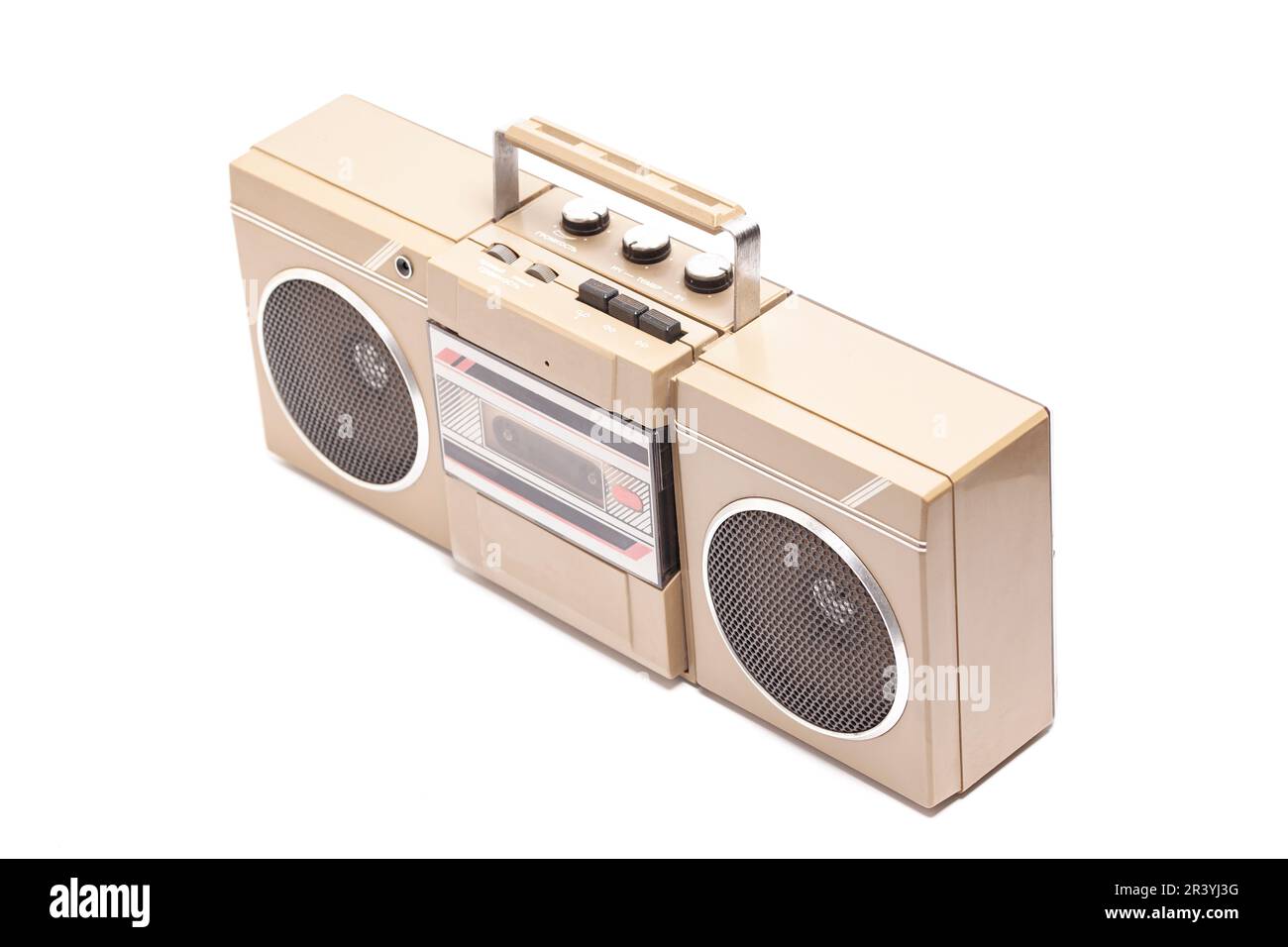 Retro portable stereo cassette recorder from 80s English translation: volume, timbre (inscription in Russian) Stock Photo