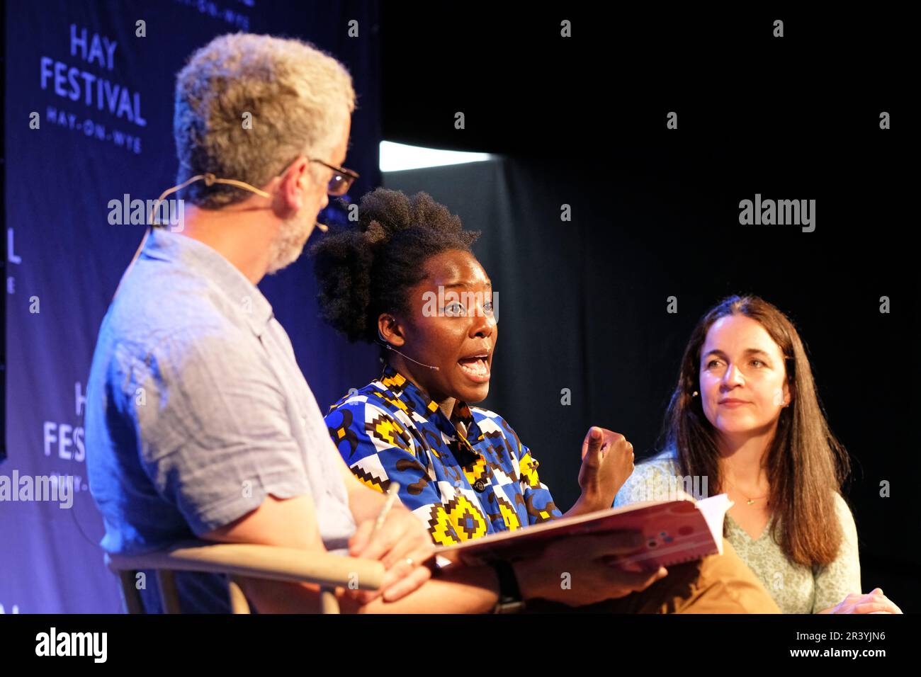 Hay Festival, Hay on Wye, Wales, UK – Thursday 25th May 2023 – Kimberley Wilson ( centre ) discusses food and nutrion with Louise Gray ( right ) and host Andy Fryers ( left ) on the opening day of this years Hay Festival.  Photo Steven May / Alamy Live News Stock Photo