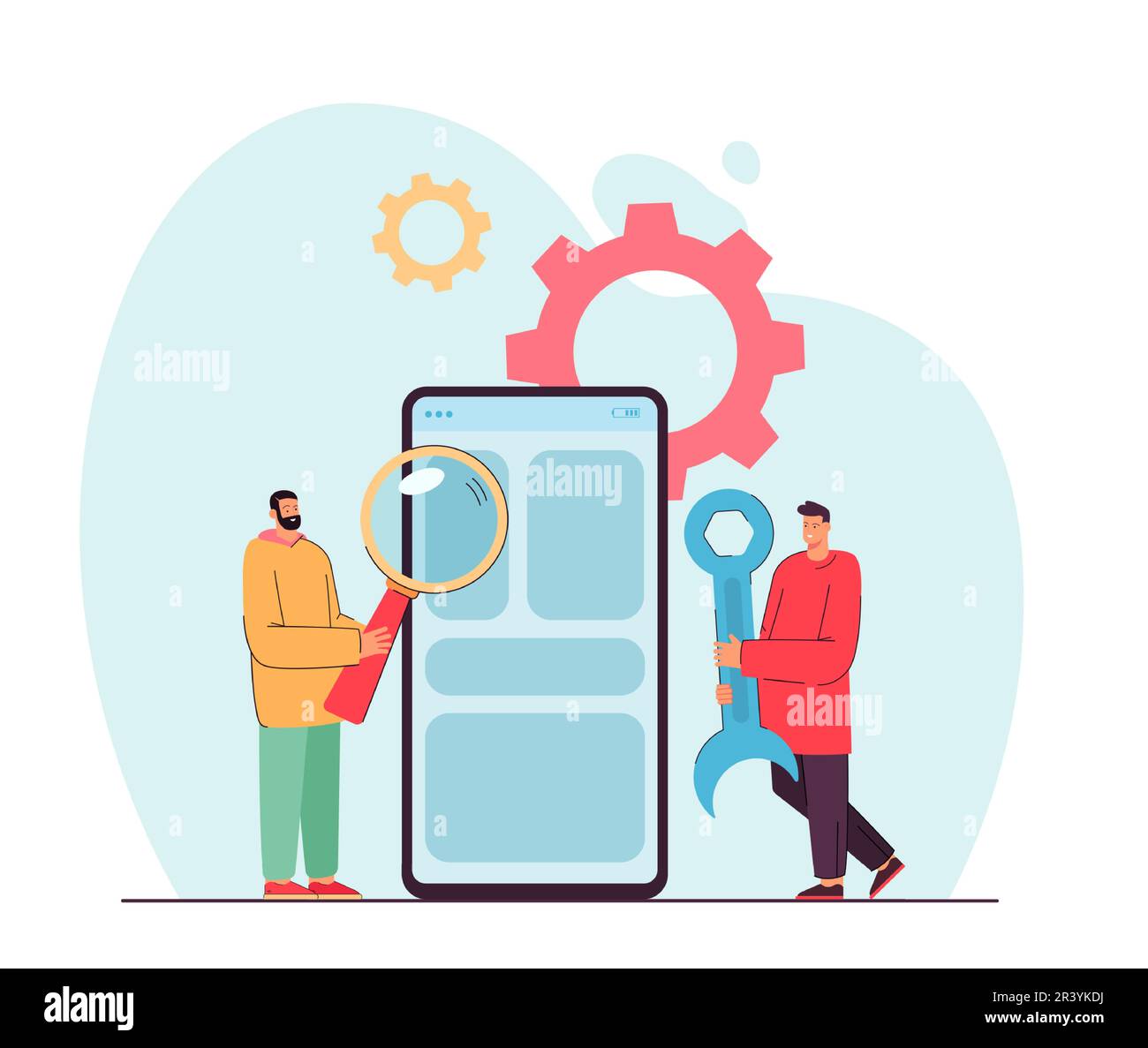Tiny men doing maintenance on giant smartphone Stock Vector