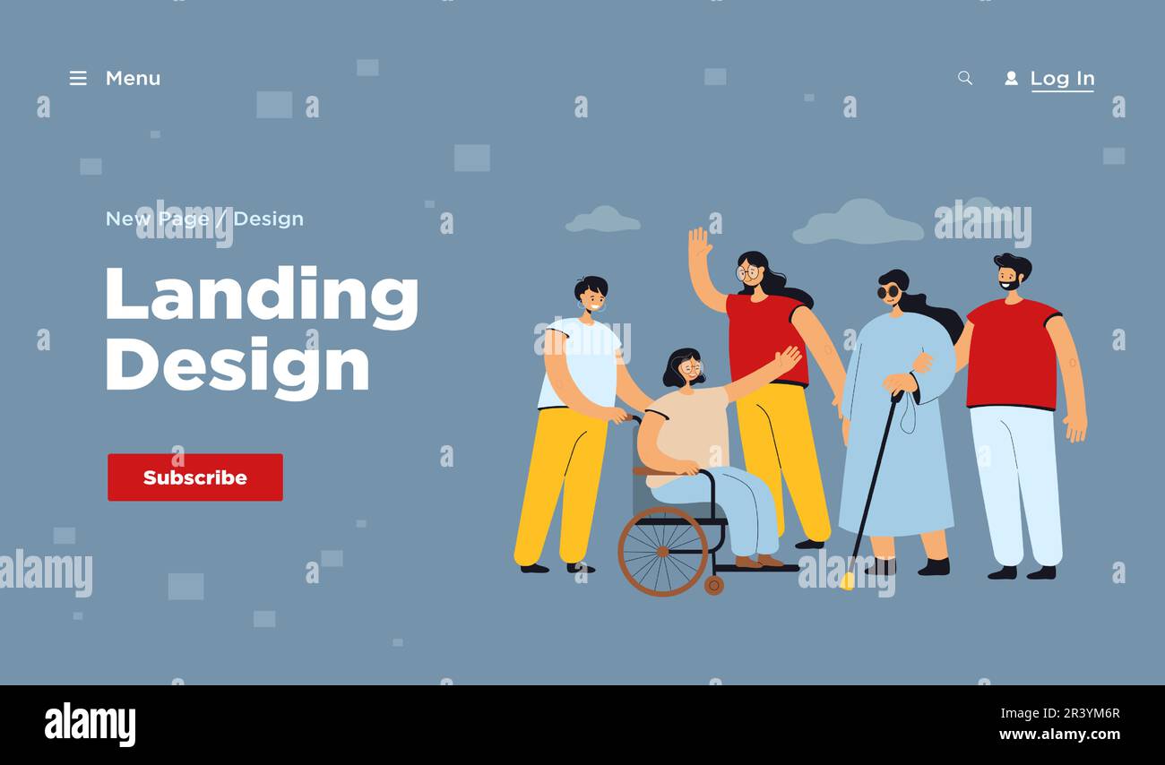 Smiling volunteers helping disabled people Stock Vector