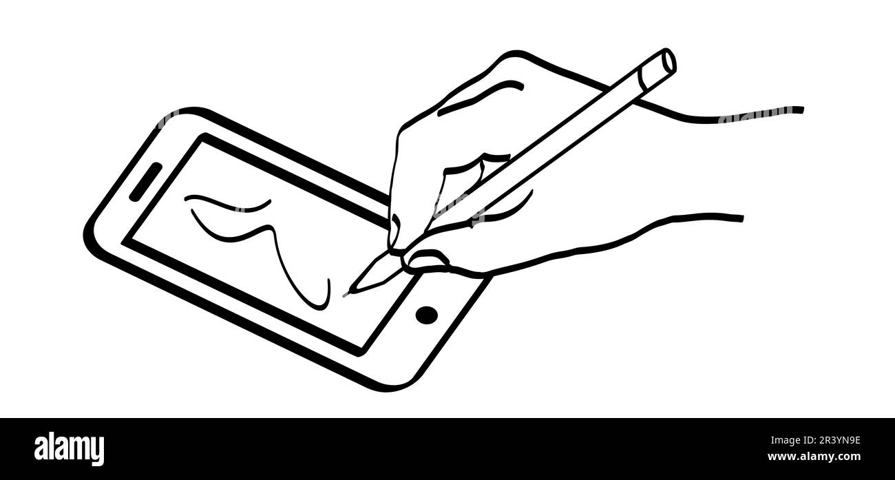 drawing on a smart phone. Cartoon drawing hand holding a stylus drawing on a pressure sensitive smartphone or tablet. Screen shows strokes. Person pla Stock Photo
