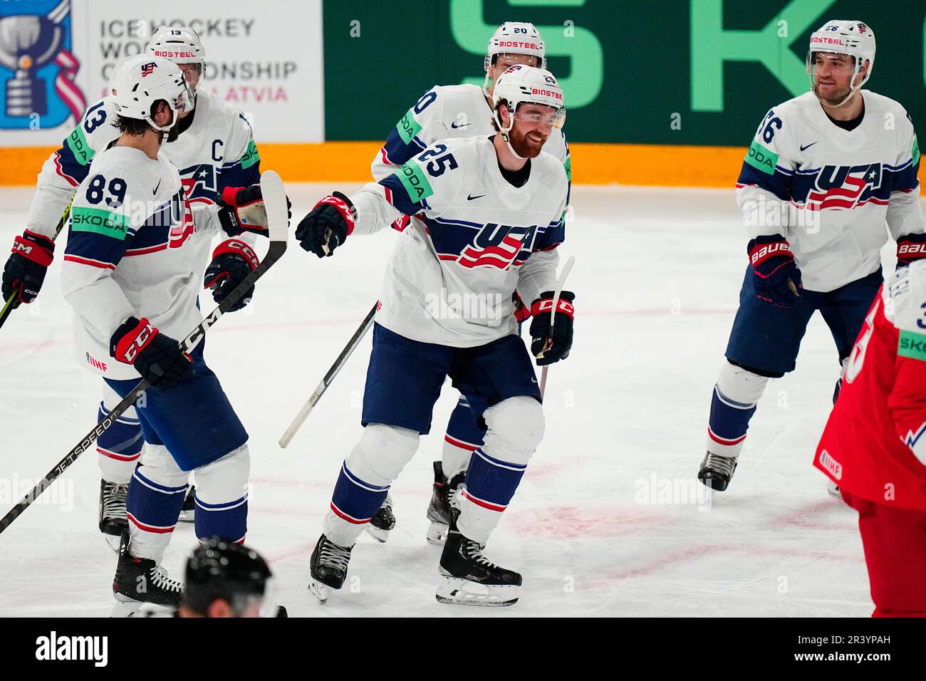 United States' Nick Perbix, center, celebrates with teammates after scoring  his side's second goal during the quarterfinal match between United States  and Czech Republic at the ice hockey world championship in Tampere,