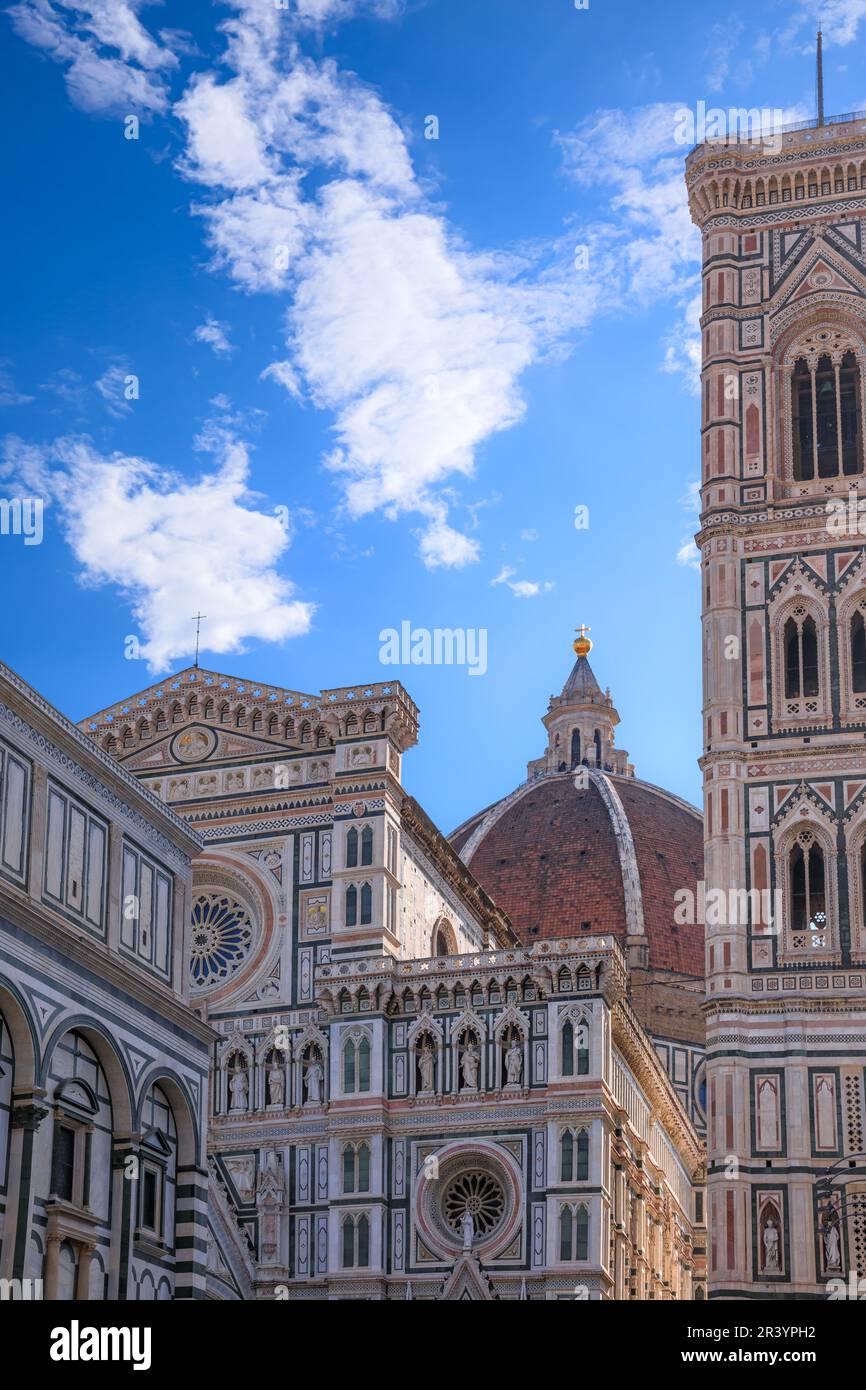 Typical urban view of Florence: the Cathedral of Santa Maria del Fiore with Giotto's Bell Tower and the Baptistery, Italy. Stock Photo
