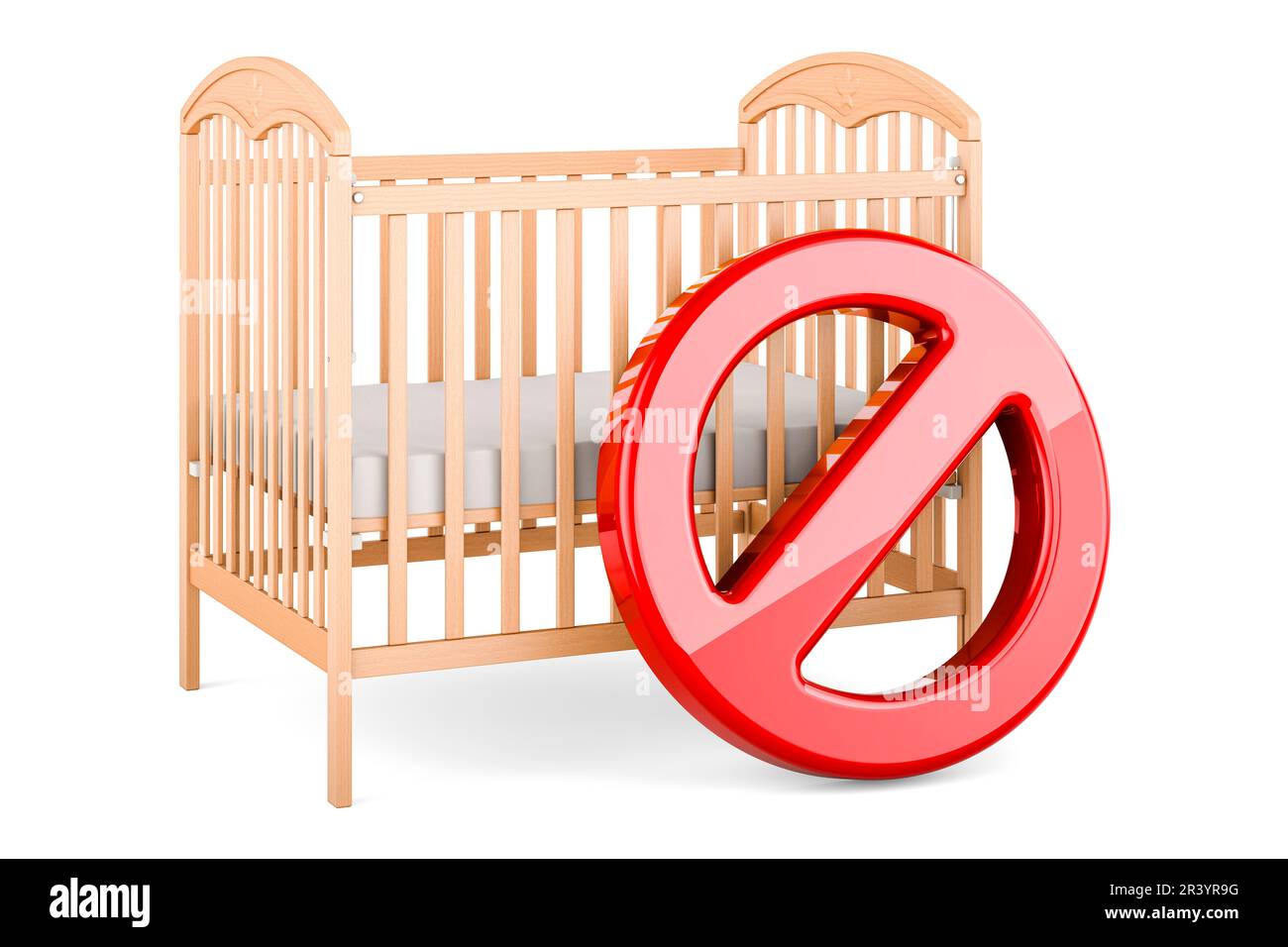 Baby crib, infant bed with forbidden symbol. 3D rendering isolated on ...