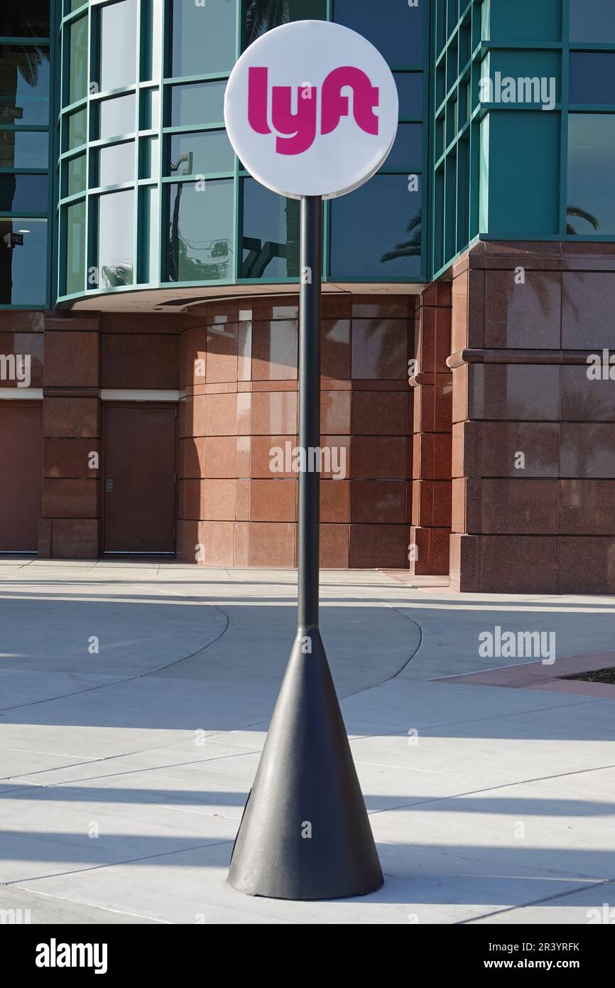 Anaheim, California / USA May 12, 2019 A Lyft company logo is shown above a reserved parking