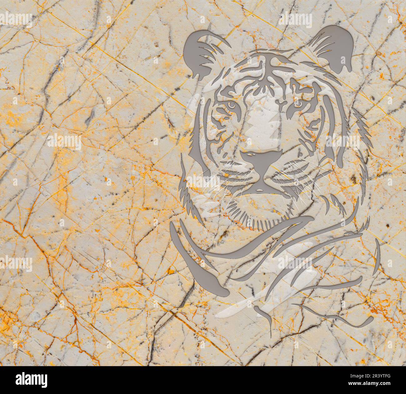 Tiger face carved on marble wall background, 3d illustration. Stock Photo