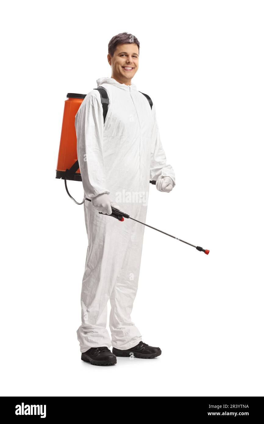 Full length shot of a pest control professional in a white suit isolated on white background Stock Photo