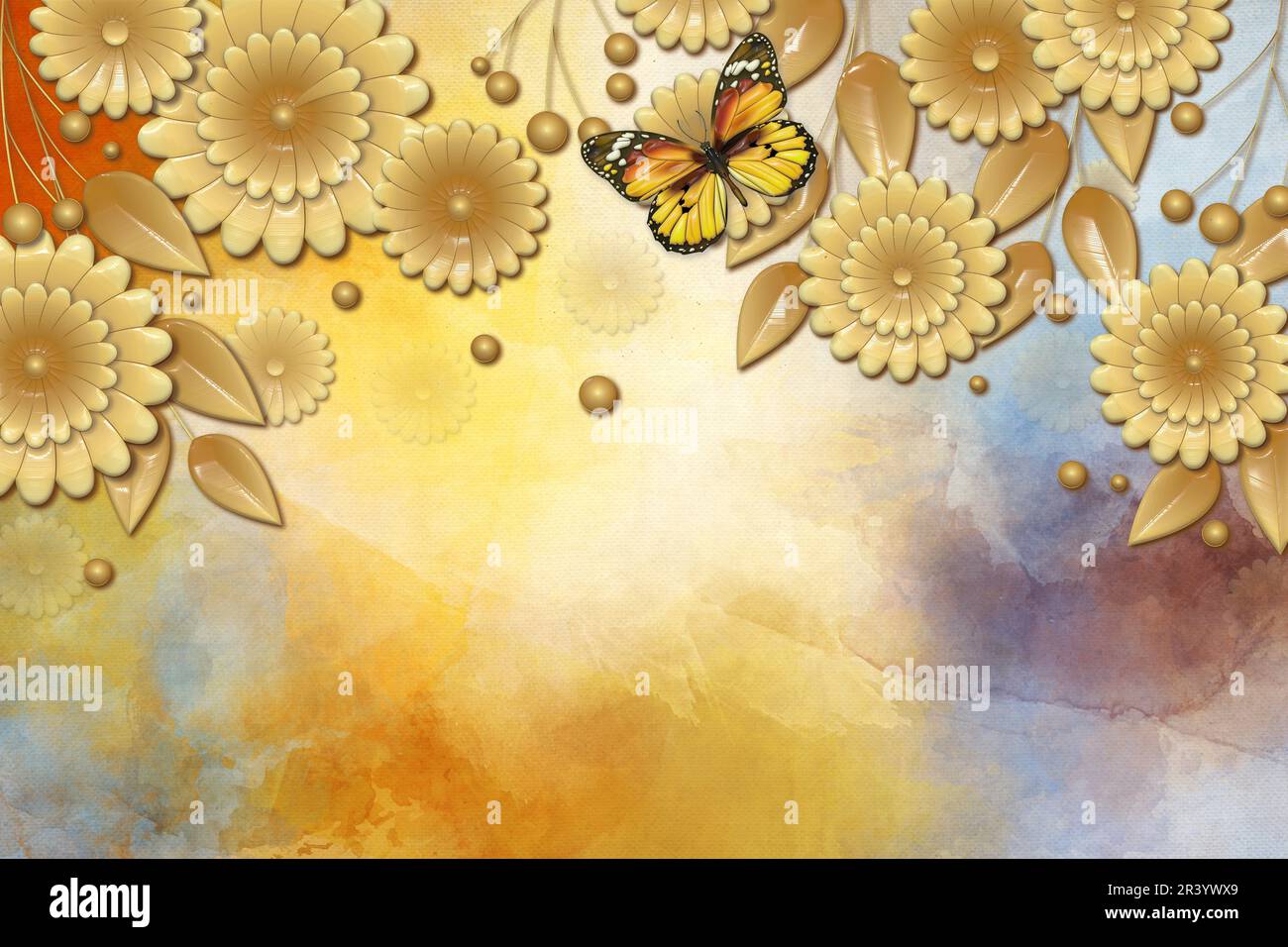 Spring Images Textural Colorful textural background, flowers branches and a flying humming ...