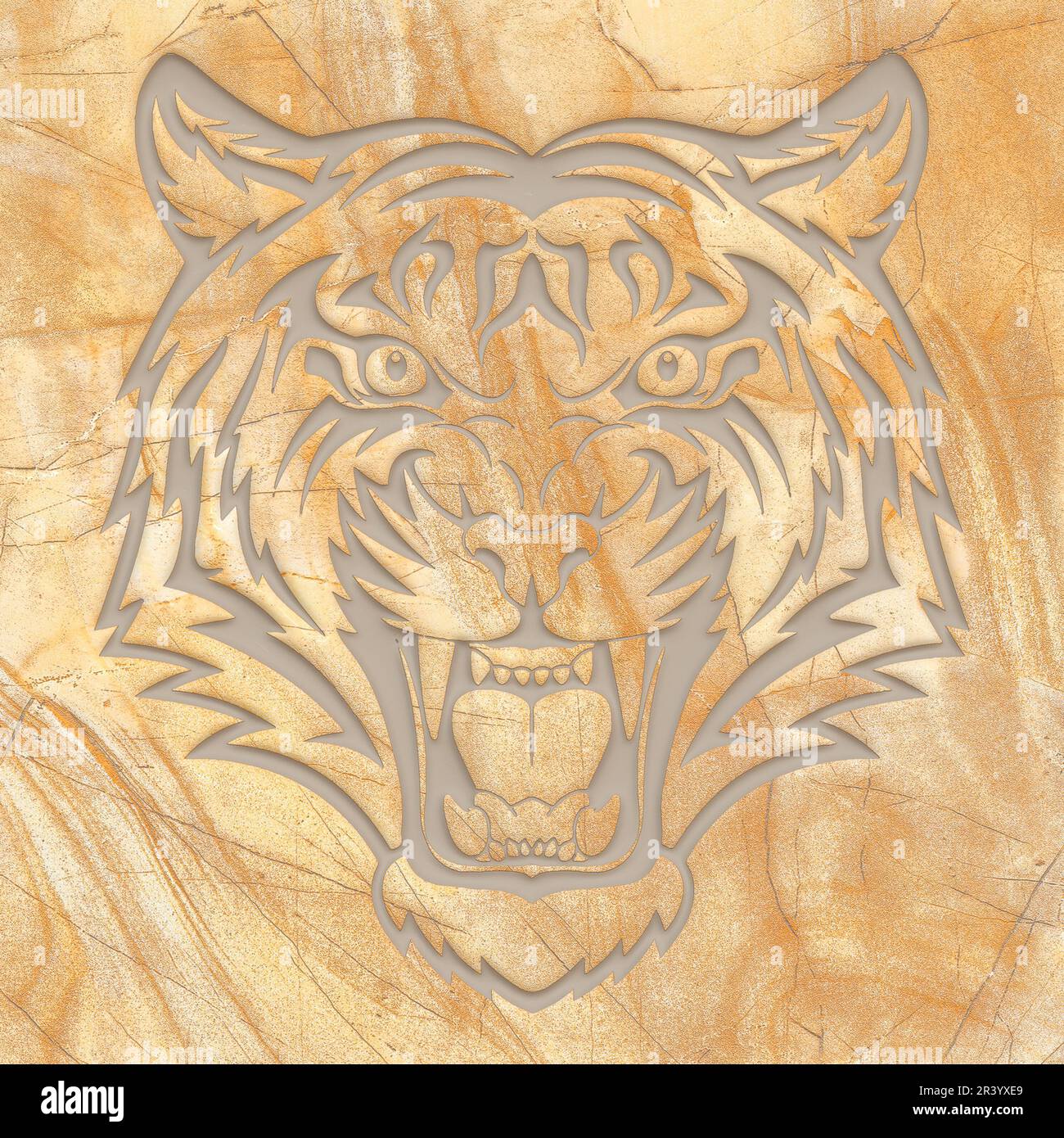 High quality rock panel tile with beautiful carved tiger face for wall  decoration, 3d illustration. - Illustration Stock Photo