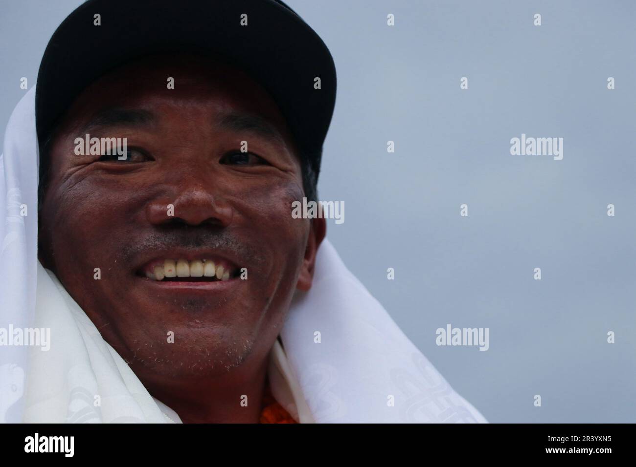 On May 25, 2023, in Kathmandu, Nepal. 'Kami Rita Sherpa' , 53, from Thame, Solukhumbu, a Nepalese veteran mountaineer and a professional mountaineer guide, smiles during media interraction while he arrives at the domestic terminal of Tribhuvan International Airport after scaling Everest summit for the 28th time.   Sherpa broke his own record that was set last year. Sherpa’s mountaineering journey began in 1992; meanwhile, sherpa, between 1994 and 2023, has scaled Mt. Everest 28 times, K2 and Lhotse one time each, and Manaslu and Cho Oyu three and eight times, respectively. (Photo by Abhishek M Stock Photo