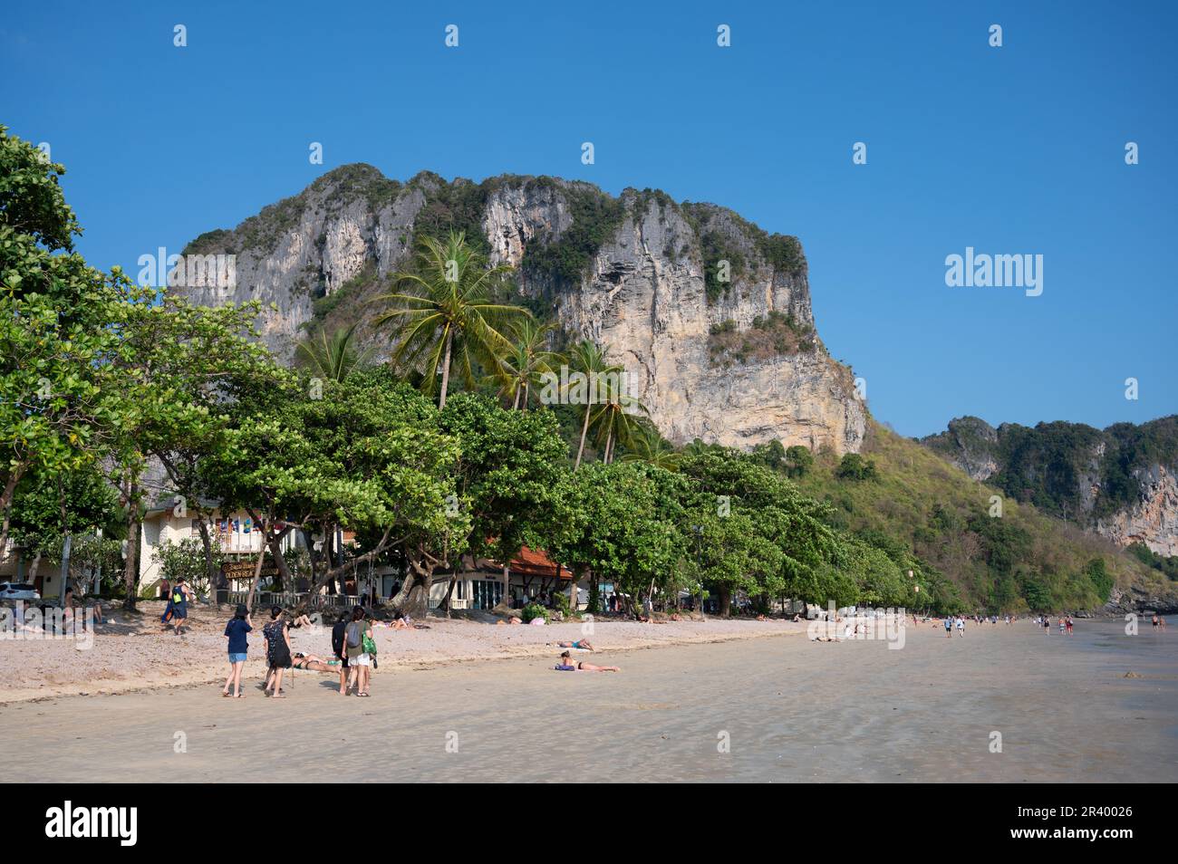Ao Nang beach is the main port on Krabi with the famous Railay Beach only 15 mins away by long tail boat Stock Photo