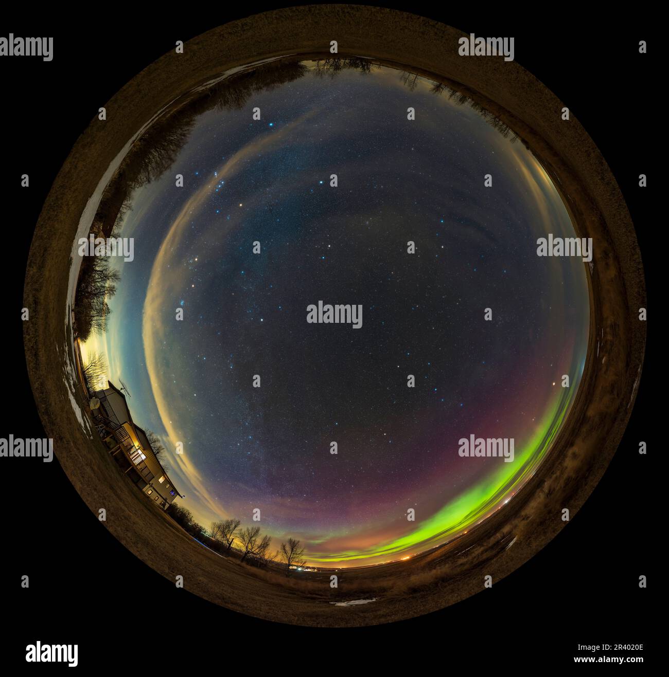 Fish-eye panorama with a bright aurora across the northern sky, southern Alberta, Canada. Stock Photo