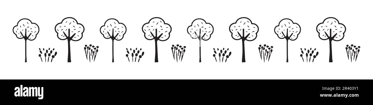 Border of trees in vector low brow style. Block print design botanical ...