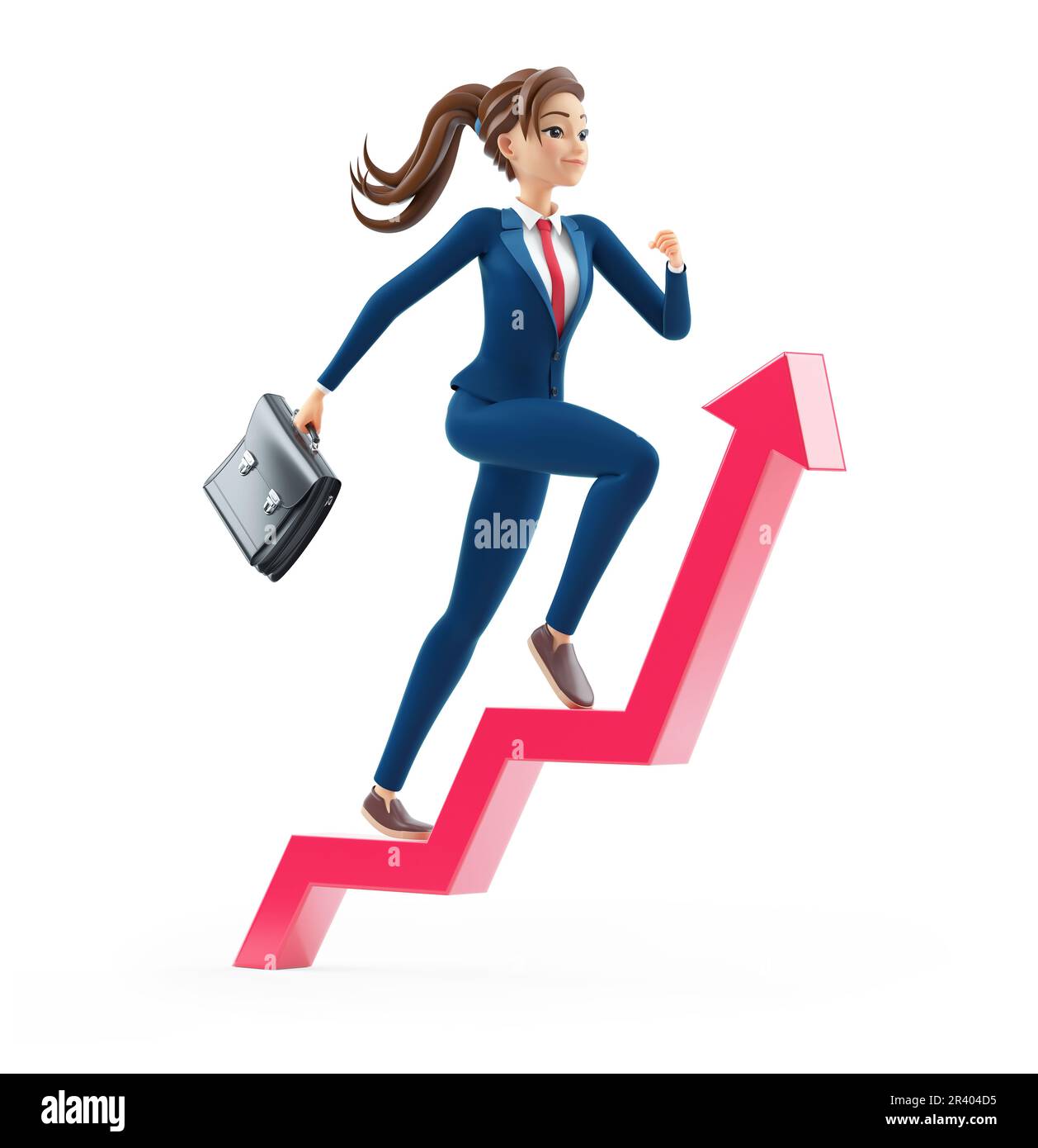 3d cartoon businesswoman with briefcase running on growing arrow ...