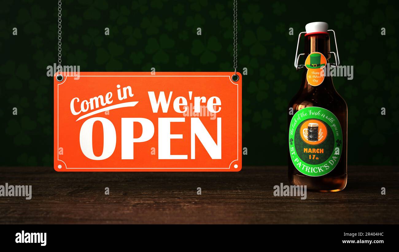 Come in We're Open. St. Patrick's Day Bottles Stock Photo