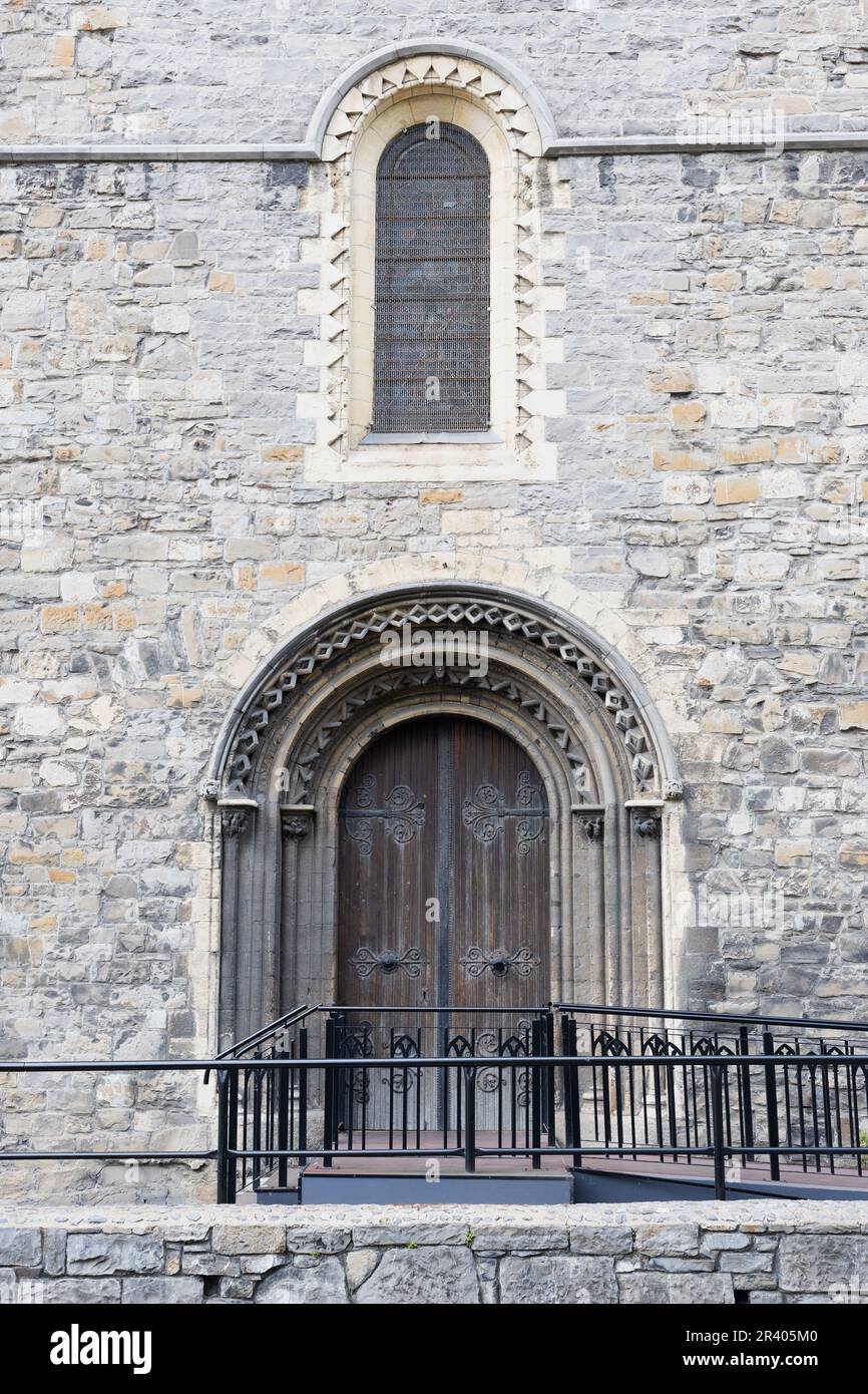 Beautiful old wooden doors and arched entryway at Christ Church Cathedral in Dublin, Ireland. Stock Photo