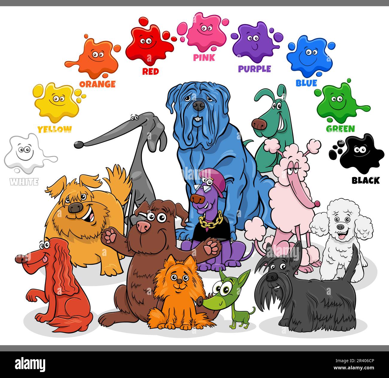 Basic colors with group of cartoon colorful dogs Stock Photo
