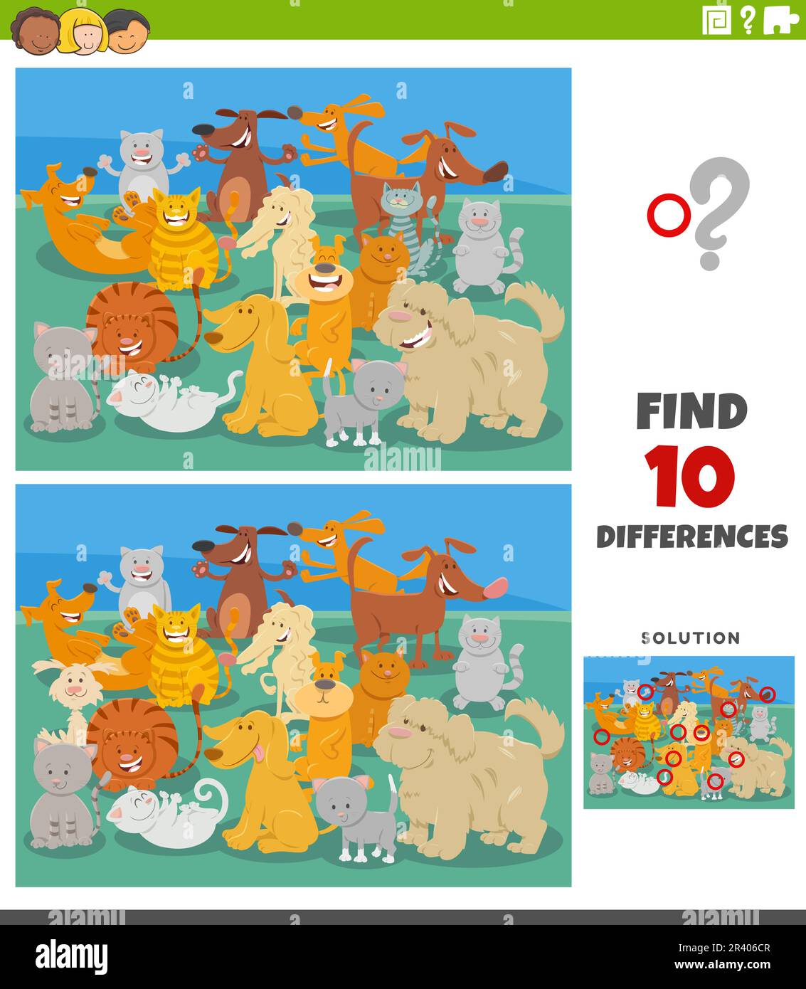 Differences game with cartoon cats and dogs characters Stock Photo - Alamy