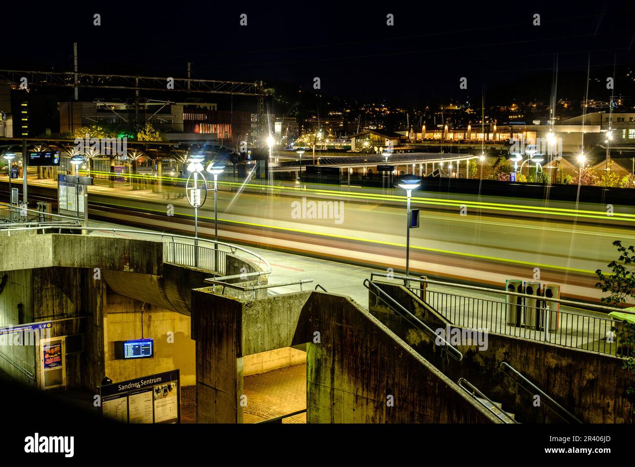 Sandnes, Rogaland, Norway, May 18 2023, Sandnes Railway Station At Night With No People and Bright Lights Stock Photo