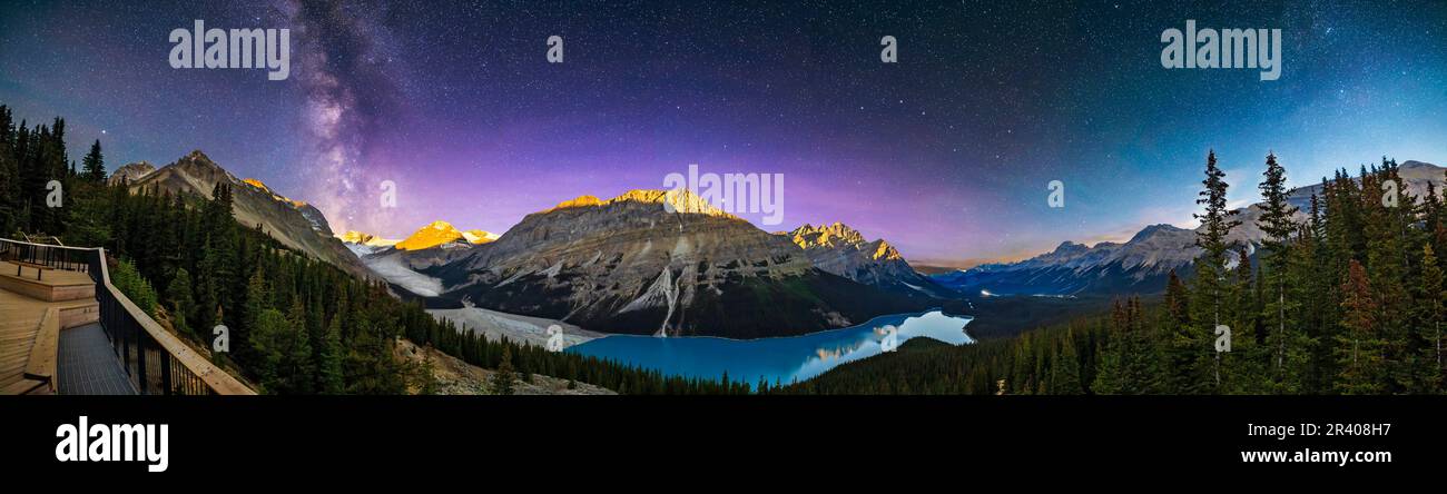 Panorama of the Milky Way and Peyto lake in Banff National Park ...