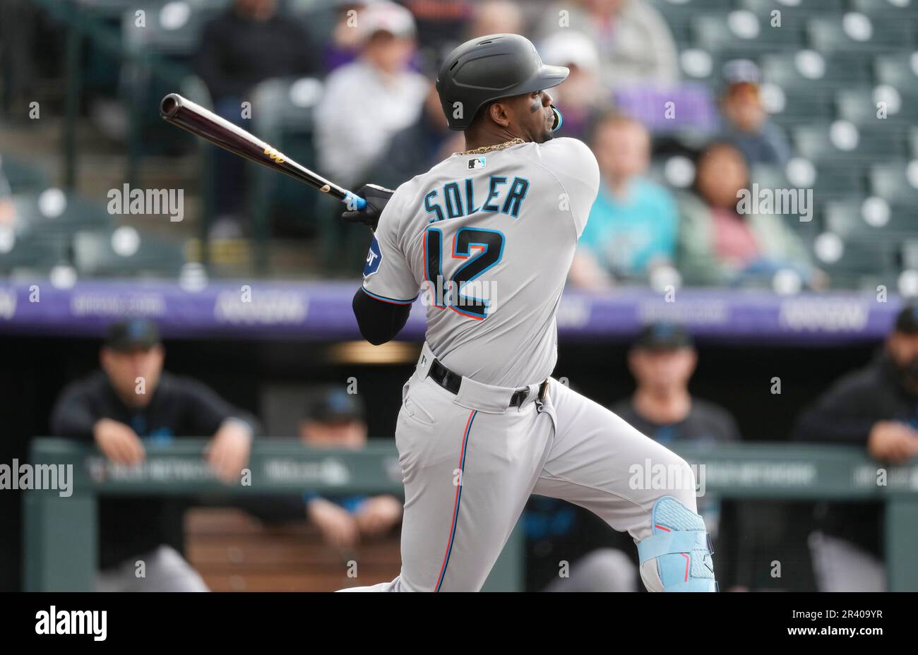 Miami Marlins designated hitter Soler (12) in the first inning of