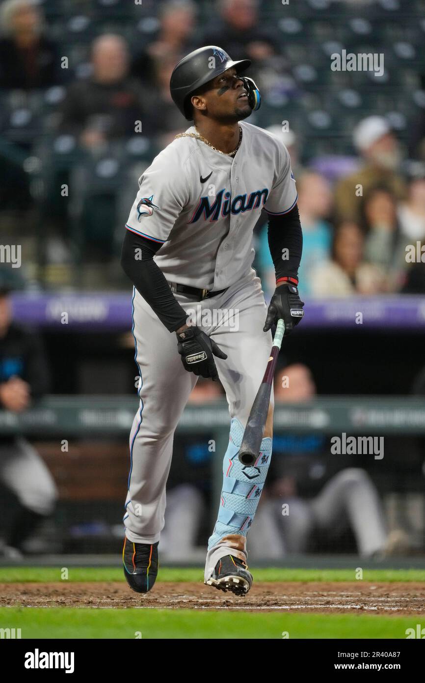 Miami Marlins designated hitter Jorge Soler (12) in the fifth inning of a  baseball game Wednesday, May 24, 2023, in Denver. (AP Photo/David  Zalubowski Stock Photo - Alamy