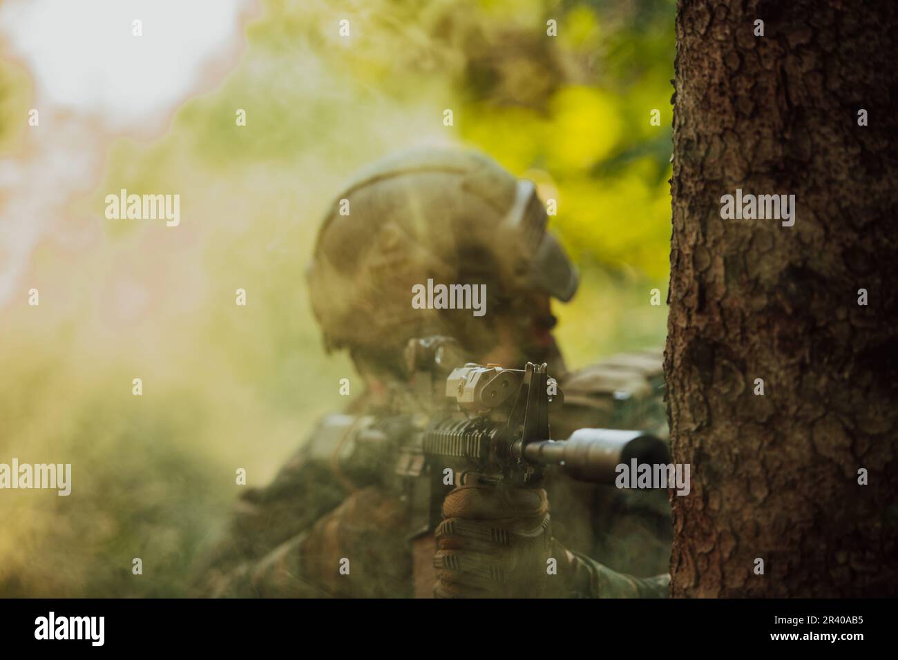 A modern warfare soldier on war duty in dense and dangerous forest ...