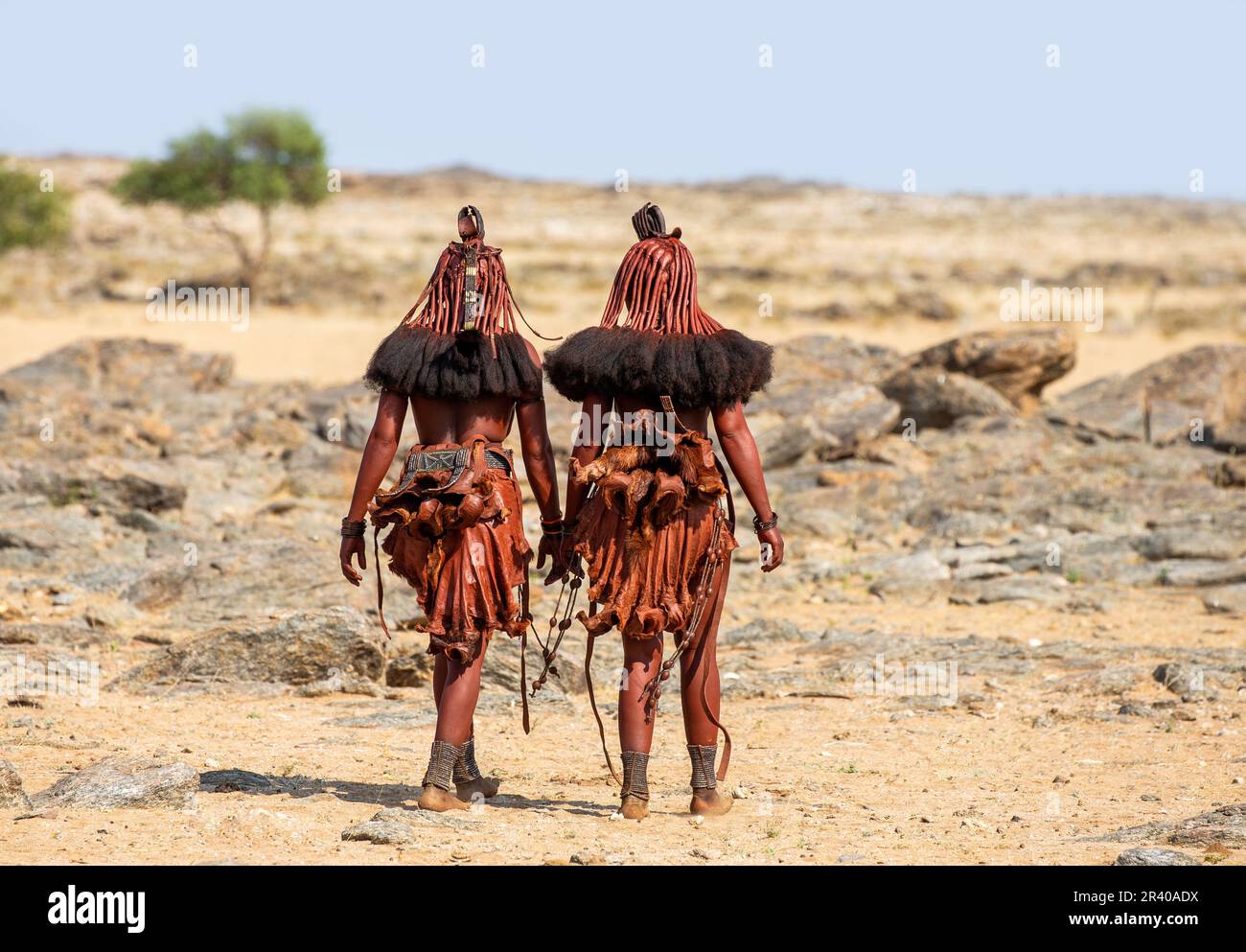 Two women of the Himba tribe walk through the desert in national clothes  Stock Photo - Alamy