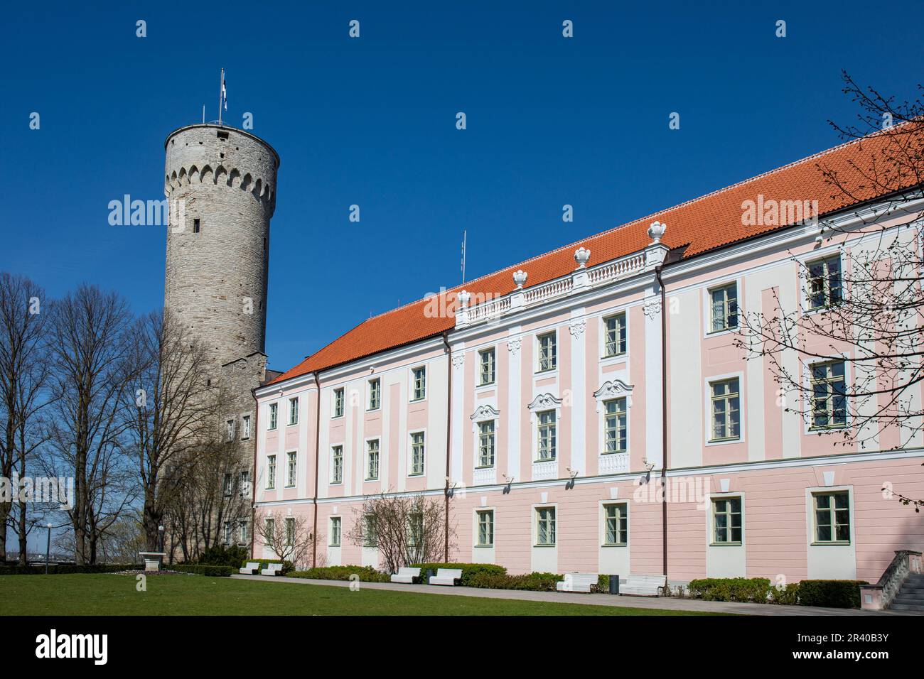 Pika Hermanni torn and parliament building against clear blue sky on a sunny spring day in Vanalinn, the old town of Tallinn, Estonia Stock Photo