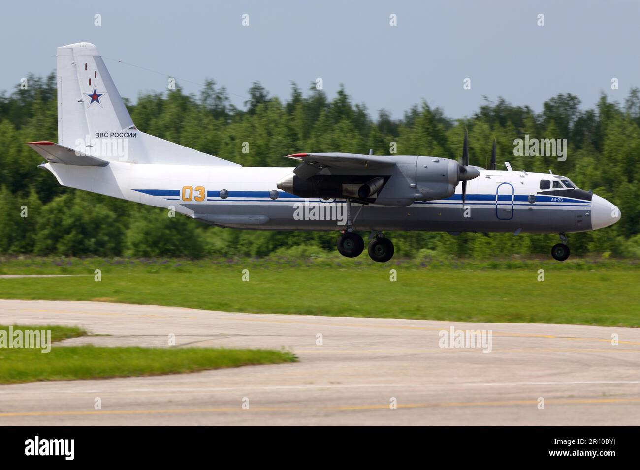 An An26 military transport airplane of the Russian Air Force landing