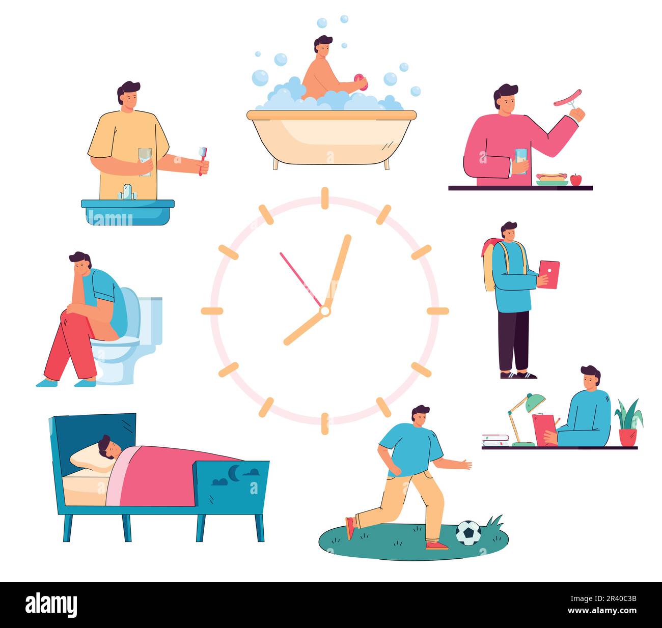 Diagram of kids daily routine by hour flat vector illustration Stock